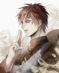  1boy blue_eyes closed_mouth forehead_tattoo gaara_(naruto) geokinesis gourd highres lenge_00 male_focus naruto_(series) no_eyebrows red_hair sand short_hair simple_background solo tattoo white_background 