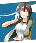  black_hair blush gym_shirt hayasui_(kantai_collection) highres jacket kantai_collection open_mouth pia_(botamochinjufu) pocari_sweat shirt short_hair smile solo track_jacket upper_body 