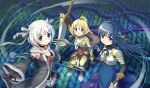  3girls arm_belt armor artist_request azusa_mifuyu bare_shoulders belt belt_buckle black_belt black_boots black_choker black_gloves black_shirt black_thighhighs black_vest blonde_hair blue_dress blue_eyes blue_gem blue_hair boots bow bowtie breastplate bridal_gauntlets brown_bridal_gauntlets brown_scrunchie buckle buttons chakram chest_jewel choker closed_mouth clothing_cutout coattails collar collarbone covered_collarbone crescent crescent_necklace crop_top cross-laced_vest detached_collar detached_sleeves determined dot_nose dress feet_out_of_frame fleur-de-lis floating_clothes floating_hair frilled_dress frilled_skirt frills full_body fur-trimmed_dress fur-trimmed_hood fur-trimmed_sleeves fur_trim game_asset gem gem_hair_ornament glaive_(polearm) gloves gold_buckle green_collar green_leggings green_shirt grey_bow grey_dress grey_eyes grey_gem grey_shirt grey_sleeves hair_between_eyes hair_bow hair_horns hair_ornament hair_scrunchie hand_on_ground hexagram high_collar high_ponytail highres holding holding_polearm holding_sword holding_weapon hood hood_down hooded_dress huge_weapon jewelry leggings light_blush light_frown long_dress long_sleeves looking_at_viewer magia_record:_mahou_shoujo_madoka_magica_gaiden magical_girl mahou_shoujo_madoka_magica mahou_shoujo_madoka_magica_magia_exedra male_focus microskirt multiple_girls nanami_yachiyo navel necklace official_art on_one_knee open_mouth outstretched_arm pink_bow pink_bowtie pink_eyes polearm pom_pom_(clothes) ponytail print_dress scar scar_on_cheek scar_on_face scrunchie shirt shirt_under_dress short_hair skirt sleeveless sleeveless_dress smile star_(symbol) star_print stomach_cutout string surprised sword tailcoat tareme thighhighs third-party_source togame_momoko torn_clothes torn_sleeves turtleneck turtleneck_shirt v-shaped_eyebrows veil vest wavy_hair weapon white_dress white_hair white_skirt white_veil white_wrist_cuffs wide-eyed wide_sleeves wind witch's_labyrinth wrist_cuffs yarn 