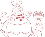  2015 absurd_res annabelle_(eek!_the_cat) anthro belly beverage big_belly bottomwear bow_on_head burger chadrocco clothing container cup digital_media_(artwork) domestic_cat drinking_straw duo eating eek!_the_cat eek_(character) english_text eyes_closed felid feline felis female food hi_res line_art male mammal obese obese_anthro obese_female overweight overweight_anthro overweight_female shirt skirt speech_bubble text text_on_clothing text_on_shirt text_on_topwear topwear whiskers 