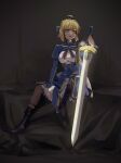  1girl ahoge armor artoria_pendragon_(fate) blonde_hair blue_bow blue_corset blue_dress blue_ribbon boots bow braid breasts brown_background brown_boots buttons cleavage cleavage_cutout clothing_cutout commentary corset dress excalibur_(fate/stay_night) fate/stay_night fate_(series) frilled_dress frills green_eyes hair_bun hair_ribbon high_heel_boots high_heels highres holding holding_sword holding_weapon honkai:_star_rail honkai_(series) iartkura juliet_sleeves long_hair long_sleeves looking_at_object medium_breasts pantyhose parted_bangs parted_lips puffy_sleeves ribbon saber_(fate) saber_(honkai:_star_rail)_(fate) shoulder_armor sidelocks single_braid sitting solo striped_bow striped_clothes striped_dress sword two-tone_dress untranslatable_commentary vertical-striped_clothes vertical-striped_dress weapon white_dress 