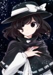  1girl black_capelet black_hat bow brown_eyes brown_hair capelet commentary_request hair_over_one_eye hand_on_own_chest hat hat_bow highres long_sleeves looking_at_viewer medium_hair ribbon-trimmed_capelet ribbon_trim shirt solo space straight-on tama_(hiroshige_36) touhou twitter_username upper_body usami_renko watermark white_bow white_shirt 