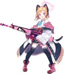  1girl :o animal_charm animal_ear_headphones animal_ears battle_rifle black_skirt black_thighhighs blonde_hair blue_archive blue_necktie blush boots bow bowtie buttons cat_ear_headphones cat_ears cat_tail charm_(object) coat collared_shirt english_text fake_animal_ears fake_tail flat_chest frilled_coat frilled_skirt frills full_body fur_boots game_asset gun h&amp;k_g3 hair_bow halo headphones highres hiyo_kiki holding holding_gun holding_weapon large_variant_set legs_apart light_blush long_sleeves looking_at_viewer miniskirt momoi_(blue_archive) multicolored_coat necktie off_shoulder official_art open_clothes open_coat open_mouth pigeon-toed pink_boots pink_halo pleated_skirt red_bow red_bowtie red_eyes rifle shirt short_hair short_necktie sidelocks simple_background skirt solo standing suspender_skirt suspenders tachi-e tail thighhighs third-party_source transparent_background two-handed v-shaped_eyebrows variant_set weapon weapon_charm white_shirt wide-eyed wide_sleeves 