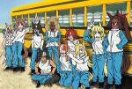  6+girls animal_ears black_hair blue_pants blue_track_suit bus dark-skinned_female dark_skin double_v green_eyes grin hair_over_eyes hands_in_pockets highres horse_ears horse_girl imminent_death motor_vehicle multiple_girls open_mouth original pants purud8 red_eyes school_bus shirt smile sunday_silence_(racehorse) track_suit umamusume v white_shirt yellow_eyes 