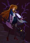  1girl bardiche_(nanoha) black_background black_pantyhose blonde_hair blue_skirt coat coat_lift electricity electrokinesis fate_testarossa floating_hair floating_neckwear full_body halberd high_heels highres holding holding_polearm holding_weapon long_sidelocks long_sleeves lyrical_nanoha magic mahou_shoujo_lyrical_nanoha_exceeds:_gun_blaze_vengeance multicolored_coat necktie open_clothes open_coat pantyhose parted_lips pencil_skirt polearm purple_electricity purple_necktie red_eyes red_shoes shirt shirt_tucked_in shoes sidelocks simple_background skirt smile solo standing two-tone_coat weapon white_coat white_shirt zicaizicaizi 