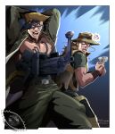  2boys battle_tendency blonde_hair cowboy_hat cyborg flattop gun handgun hat highres hol_horse in-franchise_crossover jojo_no_kimyou_na_bouken male_focus multiple_boys nazi rudolph_von_stroheim shirt stardust_crusaders tmblyeet weapon 