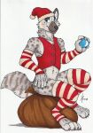  anthro armwear bag ball blue_eyes canid canine claws clothed clothing crossdressing facial_spots finger_claws fur grey_body grey_claws grey_fur hi_res holding_ball holding_object hufnaar legwear male male_anthro mammal markings mouth_closed pattern_armwear pattern_clothing pattern_legwear pawpads pink_pawpads red_armwear red_clothing red_legwear red_topwear red_vest simple_background sitting slim_anthro slim_male solo spotted_face spotted_legs spotted_shoulder striped_armwear striped_clothing striped_legwear striped_markings striped_tail stripes tail tail_markings toe_claws topwear vest white_armwear white_background white_body white_clothing white_fur white_legwear 