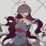  1girl ahoge collared_shirt commentary_request crosshair danganronpa_(series) danganronpa_another_episode:_ultra_despair_girls fukawa_toko genocider_sho glasses grey_background grey_serafuku grey_shirt grey_skirt hair_between_eyes holding holding_scissors holding_weapon long_hair long_sleeves long_tongue neckerchief purple_hair red_eyes red_neckerchief round_eyewear ry_(user_36215582) sailor_collar school_uniform scissors serafuku shirt skirt skirt_set smile solo tongue tongue_out very_long_hair weapon white_sailor_collar 