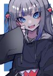  1girl absurdres animal_costume blue_background blue_eyes blue_hoodie blue_streaks blunt_bangs blush border commentary dot_nose drawstring english_commentary fish_skeleton gawr_gura gawr_gura_(1st_costume) grey_hair hair_ornament hand_on_own_cheek hand_on_own_face hand_up head_tilt highres hololive hololive_english hood hood_down hoodie limited_palette long_sidelocks long_sleeves looking_at_viewer medium_hair mentally_deficient multicolored_hair open_mouth outside_border raised_eyebrows shark_costume shark_girl shark_hair_ornament sharp_teeth sidelocks sleeves_past_wrists smile solo streaked_hair teeth two_side_up upper_body upper_teeth_only virtual_youtuber white_border wide_sleeves 