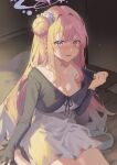  1girl :d absurdres alternate_costume black_dress black_ribbon blue_archive blunt_bangs blush breasts casual cleavage clothes_pull collarbone commentary cowboy_shot dress dress_pull dress_ribbon ear_blush eyelashes feathered_wings flower hair_bun hair_flower hair_intakes hair_ornament halo hand_up happy highres hyuji_0w0 indoors large_breasts long_hair long_sleeves looking_at_viewer low_wings mika_(blue_archive) no_bra nose_blush on_bed open_mouth pink_hair pink_halo pulling_own_clothes purple_flower ribbon short_dress shy sidelighting sidelocks single_side_bun sitting smile solo teeth tsurime two-tone_dress undressing upper_teeth_only very_long_hair white_dress white_wings wings yellow_eyes 