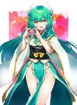  aqua_hair commentary_request fate/grand_order fate_(series) green_hair han'eri heart heart_hands horns japanese_clothes kimono kiyohime_(fate/grand_order) long_hair looking_at_viewer obi obiage obijime open_mouth pelvic_curtain sash sora-bozu yellow_eyes 