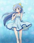  bare_shoulders blue_dress blue_eyes blue_hair blush bow dress earrings frills gem hair_bow jewelry kinfuji long_hair looking_at_viewer necklace original petticoat ponytail solo sundress very_long_hair wind wind_lift 