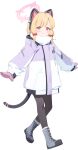  1girl :3 a-pose animal_ear_headphones animal_ears black_pantyhose blonde_hair blue_archive blush boots bow cat_ear_headphones cat_ears cat_tail closed_mouth coat fake_animal_ears fake_tail full_body fur_boots game_asset gloves grey_boots hair_bow half-closed_eyes halo happy headphones heel_up highres hiyo_kiki hood hood_down hooded_coat lace-up_boots large_variant_set long_sleeves looking_at_viewer mittens momoi_(blue_archive) momoi_(winter)_(blue_archive) official_art pantyhose pink_gloves pink_halo pocket purple_coat raised_inner_eyebrows red_bow red_eyes scarf short_hair sidelocks simple_background smile smug solo split_mouth standing tachi-e tail third-party_source toes_up transparent_background variant_set walking white_scarf winter_clothes winter_coat zipper zipper_pull_tab 