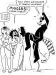  2_tails alexia_minkworthy anthro bella_minkworthy breasts celina_minkworthy cleavage clothed clothing dress english_text facial_markings female group hair hair_over_eye head_markings hi_res male mammal markings mask_(marking) mink multi_tail mustelid musteline procyonid raccoon rick2tails ring_(marking) ringed_tail rope striped_markings striped_tail stripes tail tail_markings tegerio text true_musteline whisker_spots whiskers 