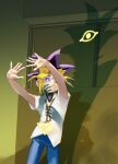  1boy blonde_hair commentary denim different_shadow hand_shadow_covering_breasts_(meme) hands_up indoors jeans living_shadow male_focus meme millennium_puzzle multicolored_hair muto_yugi narasatenikuze pants parted_lips peacock_hair purple_eyes purple_hair shirt short_sleeves spiked_hair two-tone_hair untranslatable_commentary white_shirt yami_yugi yu-gi-oh! yu-gi-oh!_duel_monsters 