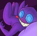  2023 blush bodily_fluids gem gemsum generation_3_pokemon genital_fluids genitals gesture ghost hand_gesture hi_res humanoid lying male nintendo on_back penis pointing pointing_at_penis pokemon pokemon_(species) precum purple_body purple_penis sableye sharp_teeth simple_background solo spirit teeth toothy_grin vein veiny_penis 