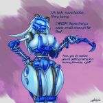  2022 absurd_res annoyed armor big_breasts biomechanical bionicle blue_armor blue_body blue_hair blue_mask blue_skin blue_visor breast_squish breasts dialogue diving_mask english_text female gali hair hi_res huge_breasts humanoid la_potato lego looking_at_viewer machine mask not_furry robot signature simple_background small_waist solo squish text thick_thighs toa unconvincing_armor visor white_eyes wide_hips 