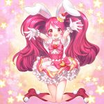  :d animal_ears boots bunny_ears buntan cake_hair_ornament cure_whip extra_ears food food_themed_hair_ornament frilled_skirt frills fruit gloves hair_ornament hairband highres kirakira_precure_a_la_mode kneeling long_hair looking_at_viewer magical_girl open_mouth outstretched_arms pink_background pink_hair precure red_eyes red_footwear red_hairband skirt smile solo star strawberry twintails usami_ichika white_gloves 