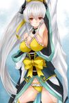  bare_shoulders breasts commentary_request fate/grand_order fate_(series) hair_between_eyes highres horns japanese_clothes kiyohime_(fate/grand_order) kiyohime_(swimsuit_lancer)_(fate) large_breasts long_hair looking_at_viewer micro_(micro222) multiple_horns navel red_eyes silver_hair solo 