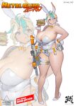  1girl absurdres alternate_breast_size_(larger) alternate_costume alternate_eye_color animal_ear_hairband animal_ears aqua_hair artist_name assault_rifle blonde_hair blue_eyes bow bowtie breasts buckle burger chewing colored_bangs covered_navel crazyred d'orsay_heels detached_collar eating fake_animal_ears fatter_than_canon fishnet_pantyhose fishnets food full_body full_mouth gun hairband hand_on_own_hip high_heels highleg highleg_leotard highres holding holding_burger holding_food holster holstered huge_breasts kasamoto_eri leotard long_hair looking_to_the_side low_ponytail metal_slug multicolored_hair optical_sight orange_bow orange_bowtie outline pantyhose pigeon-toed pink_outline playboy_bunny plump ponytail rabbit_ear_hairband rabbit_ears rabbit_tail rifle shoulder_strap signature snap-fit_buckle solo standing strapless strapless_leotard suppressor tactical_playboy_bunny tail thick_arms thick_thighs thigh_holster thighs wavy_hair weapon white_background white_hair white_leotard white_wrist_cuffs wide_hips wrist_cuffs zoom_layer 