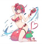  bangs bikini blush closed_mouth clover_hair_ornament commentary_request elphelt_valentine eyebrows_visible_through_hair flower full_body green_eyes guilty_gear guilty_gear_xrd hair_flower hair_ornament hairband heart holding looking_at_viewer migumigu navel pink_hair polka_dot polka_dot_bikini red_bikini red_flower short_hair simple_background smile solo straddling swimsuit water water_gun white_background 