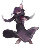  1girl braid commentary danganronpa:_trigger_happy_havoc danganronpa_(series) english_commentary eyelashes fukawa_toko genocider_sho glasses hair_between_eyes holding holding_scissors holding_weapon jean1620y long_hair long_sleeves neckerchief purple_hair purple_serafuku purple_shirt purple_skirt red_eyes red_neckerchief round_eyewear school_uniform scissors serafuku shirt simple_background skirt skirt_set solo third-party_source twin_braids twintails weapon white_background 