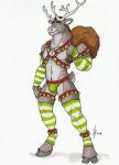  2018 anthro antlers armwear athletic athletic_anthro athletic_male bell bell_harness black_hair blue_eyes bottomwear bulge clothing dated deer front_view full-length_portrait fur green_armwear green_bottomwear green_clothing green_legwear grey_body grey_fur grey_hooves hair harness hi_res holding_bag hooves horn hufnaar legwear looking_at_viewer male male_anthro mammal mouth_closed narrowed_eyes pattern_armwear pattern_clothing pattern_legwear portrait short_hair simple_background solo standing striped_armwear striped_clothing striped_legwear stripes white_armwear white_background white_clothing white_legwear 