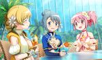  3girls ^_^ annoyed artist_request azalea_(flower) bendy_straw bikini blonde_hair blue_bow blue_eyes blue_hair blue_nails blue_shrug blue_sleeves bow bracelet braid braided_base breasts bridal_gauntlets brown_bridal_gauntlets brown_hood capelet chair cherry chest_jewel choker cleavage closed_eyes closed_mouth cocktail_dress collarbone collared_capelet collared_shrug day diamond_print dress drill_hair drink drinking_straw flower food frilled_bikini frilled_sleeves frilled_wrist_cuffs frills frown fruit game_asset gem glass_table green_gem hair_between_eyes hair_bow hair_flower hair_ornament hair_tie happy hibiscus high_collar high_ponytail highres holding holding_drink hood hood_down hooded_dress ice ice_cube jewelry juice kaname_madoka kaname_madoka_(swimsuit_ver.) lace-trimmed_choker lace_trim layered_sleeves lemon lemon_slice light_blush light_rays long_sleeves looking_at_another mahou_shoujo_madoka_magica mahou_shoujo_madoka_magica_(anime) mahou_shoujo_madoka_magica_magia_exedra medium_hair miki_sayaka miki_sayaka_(surfer_ver.) multiple_girls nail_polish official_alternate_costume official_art on_chair open_clothes open_dress open_mouth orange_(fruit) orange_flower orange_slice outdoors palm_tree pineapple pineapple_slice pink_bow pink_eyes pink_gem pink_hair pointy_nose polka_dot polka_dot_bow ponytail print_bikini red_bow red_choker reflective_table see-through_clothes see-through_sleeves short_hair short_over_long_sleeves short_ponytail short_side_ponytail short_sleeves shrug_(clothing) side_ponytail side_ponytail_with_braided_base sitting sleeve_bow sleeveless sleeveless_dress sleeves_past_wrists smile soda stomach sunlight sweater swimsuit table tareme third-party_source tomoe_mami tomoe_mami_(swimsuit_ver.) tree turtleneck two-sided_hood upper_body waterpark white_bikini white_capelet white_flower wrist_cuffs yellow_bikini yellow_dress zipper zipper_pull_tab 