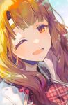  1girl ;) brown_eyes brown_hair commentary_request highres idolmaster idolmaster_million_live! long_hair looking_at_viewer miyao_miya one_eye_closed open_mouth plaid_clothes portrait smile solo takanome_kiriri thick_eyebrows 
