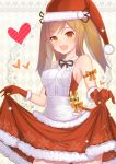  1girl :d animare apron argyle argyle_background bangs bare_shoulders blush breasts brown_eyes christmas commentary_request dress eyebrows_visible_through_hair fang fur-trimmed_apron fur-trimmed_dress fur-trimmed_gloves fur-trimmed_hat fur_trim gloves haneru_inaba hat heart light_brown_hair looking_at_viewer medium_breasts open_mouth print_dress red_dress red_gloves red_hat santa_costume santa_hat skirt_hold sleeveless sleeveless_dress smile snowflake_print solo two_side_up virtual_youtuber white_apron yoshiheihe 
