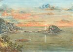  cliff cloud commentary_request evening forest horizon island landscape multicolored_sky nature no_humans ocean original outdoors painting_(medium) paruperu real_world_location scenery shore sky sunset traditional_media united_states watercolor_(medium) 