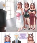  1boy 3girls absurdres alternate_breast_size_(larger) animal_ears bare_shoulders black_dress black_shoes blush bouquet breasts bride brown_hair cleavage commentary crossed_arms dress english_text flower full_body groom high_heels highres holding holding_bouquet horse_ears horse_girl horse_tail large_breasts long_hair looking_at_another mitamory mood_(umamusume) multicolored_hair multiple_girls off-shoulder_dress off_shoulder open_mouth pink_flower pink_rose rose shoes sirius_symboli_(umamusume) smile standing strapless strapless_dress streaked_hair symboli_rudolf_(umamusume) t-head_trainer_(umamusume) tail thighs tokai_teio_(umamusume) trainer_(umamusume) umamusume wedding wedding_dress white_dress white_streaks 