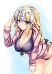  bikini blonde_hair blue_eyes blush braid breasts cleavage collarbone commentary_request eyebrows_visible_through_hair fate/apocrypha fate_(series) hair_between_eyes headpiece jeanne_d'arc_(fate) jeanne_d'arc_(fate)_(all) large_breasts leaning_forward long_hair long_sleeves looking_at_viewer ryokushiki_(midori-ya) simple_background solo swimsuit 