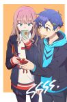  1boy 1girl absurdres asanaka_yomogi black_jacket black_pants black_pantyhose blue_hair blue_hoodie blue_jacket blue_skirt blush border brown_hair cellphone commentary_request dyna_soldier dyna_wing gradient_hair green_eyes gridman_universe hair_ornament hairclip highres hood hoodie jacket liang_chan_xing_make_tu minami_yume multicolored_hair open_mouth orange_background pants pantyhose phone pink_hair skirt smile ssss.dynazenon sweater white_border yellow_eyes yellow_sweater 