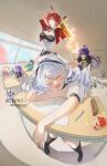  6+girls aeyrah3 black_hairband black_shirt bow breasts bronya_zaychik commentary desk drill_hair drink_carton drooling english_commentary hair_bow hairband highres holding holding_sword holding_weapon honkai_(series) honkai_impact_3rd juice_box kiana_kaslana liliya_olenyeva mouth_drool multiple_girls murata_himeko murata_himeko_(valkyrie_triumph) neckerchief pencil pencil_case ponytail purple_bow purple_eyes purple_hair raiden_mei red_hair rozaliya_olenyeva ruler school_desk school_uniform seele_vollerei shirt signature sirin sitting sleeping sword twin_drills weapon white_hair white_shirt yellow_eyes yellow_neckerchief 