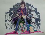  ahoge black_panties blue_sailor_collar blue_skirt blue_socks blue_thighhighs bracelet breast_pocket breasts collared_shirt commentary_request danganronpa_(series) danganronpa_another_episode:_ultra_despair_girls dated eyelashes fukawa_toko full_body genocider_sho glasses green_eyes green_hair grin hair_between_eyes hand_on_own_hip holding holding_megaphone holding_scissors holding_weapon jewelry legs_apart long_hair long_tongue megaphone messy_hair monokuma naegi_komaru nanaseichika neckerchief necktie open_mouth panties pocket purple_hair purple_serafuku purple_shirt purple_shoes purple_skirt red_eyes red_neckerchief red_necktie round_eyewear sailor_collar scar scar_on_leg school_uniform scissors serafuku shirt shoes short_hair short_sleeves skirt skirt_set smile socks standing sweat tally teeth thigh_strap thighhighs tongue tongue_out torn_clothes torn_neckerchief torn_skirt traditional_media underwear upper_teeth_only very_long_hair weapon white_sailor_collar white_shirt white_shoes 