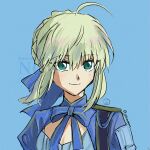  1girl ahoge armor artist_name artoria_pendragon_(fate) blonde_hair blue_background blue_bow blue_bowtie blue_dress blush bow bowtie braid braided_bun cleavage_cutout closed_mouth clothing_cutout dress fate/stay_night fate/unlimited_blade_works fate_(series) green_eyes hair_between_eyes hair_bow hair_bun highres honkai:_star_rail honkai_(series) juliet_sleeves large_bow long_sleeves looking_afar nedameman puffy_sleeves saber_(fate) saber_(honkai:_star_rail)_(fate) short_hair shoulder_armor sidelocks simple_background smile solo striped_bow striped_bowtie striped_clothes two-tone_dress upper_body watermark white_dress 