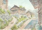  animal building china commentary_request day dog foliage house no_humans original outdoors painting_(medium) paruperu real_world_location road rural scenery sky town traditional_media watercolor_(medium) 
