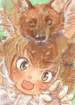  1girl animal_ears blush brown_hair claw_pose creature_and_personification dhole dhole_(kemono_friends) dog_ears dog_girl fang gloves highres kemono_friends kemono_friends_3 kuri_no_sato looking_at_viewer multicolored_hair open_mouth personification short_hair smile white_hair world_dhole_day 