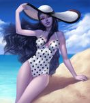  anolea artist_name black_hair casual_one-piece_swimsuit cloud dated day hat highres lips long_hair looking_at_viewer ocean one-piece_swimsuit outdoors overwatch polka_dot polka_dot_swimsuit purple_lips purple_skin sky solo sun_hat swimsuit thick_lips wavy_hair widowmaker_(overwatch) yellow_eyes 