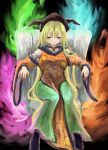  1girl :| arm_rest black_hat blonde_hair brown_eyes closed_mouth colorful_background commentary_request constellation_print detached_sleeves full_body green_skirt hat highres long_hair long_skirt looking_at_viewer matara_okina narrowed_eyes omaega_chan orange_sleeves orange_tabard shirt sitting skirt solo straight-on tabard touhou very_long_hair white_shirt 