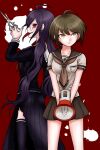  2girls ahoge black_serafuku black_shirt black_skirt black_thighhighs breast_pocket brown_eyes brown_hair brown_sailor_collar brown_skirt closed_mouth collared_shirt danganronpa_(series) danganronpa_another_episode:_ultra_despair_girls eyelashes fukawa_toko genocider_sho glasses hair_ornament hairclip holding holding_megaphone holding_scissors holding_weapon kayu_(tuzigiri0) long_hair long_skirt long_sleeves long_tongue megaphone mole mole_under_mouth multiple_girls naegi_komaru neckerchief necktie pocket purple_hair red_background red_eyes red_neckerchief red_necktie round_eyewear sailor_collar school_uniform scissors serafuku shirt short_hair short_sleeves skirt skirt_set smile teeth thighhighs tongue tongue_out torn_clothes torn_skirt upper_teeth_only very_long_hair weapon white_sailor_collar white_shirt 