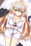  blonde_hair blue_eyes blush bra breasts cleavage coffee coffee_mug cup dress_shirt fate/apocrypha fate_(series) headpiece highres jeanne_d'arc_(fate) jeanne_d'arc_(fate)_(all) large_breasts long_hair looking_at_viewer mug on_bed panties purple_bra purple_panties rong_yi_tan shirt sitting sitting_on_bed smile solo underwear 