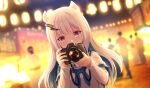  1girl artist_request blue_hair blue_neckerchief blue_sailor_collar blurry blurry_background breast_pocket camera camera_around_neck colored_inner_hair covered_mouth crowd dutch_angle eternal_sakura expressionless eyelashes festival food_stand game_asset hair_horns hair_ornament hairclip highres holding holding_camera lantern layered_sleeves long_hair long_sleeves looking_ahead magia_record:_mahou_shoujo_madoka_magica_gaiden mahou_shoujo_madoka_magica mahou_shoujo_madoka_magica_magia_exedra minaminagi_liberty_academy_school_uniform multicolored_hair neckerchief night official_art outdoors paper_lantern pocket purple_eyes purple_pupils reflection sailor_collar school_uniform shirt short_over_long_sleeves short_sleeves sidelocks sleeves_past_wrists solo solo_focus straight-on taking_picture third-party_source upper_body wavy_hair white_hair white_shirt white_sleeves 