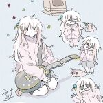  >_< 1girl @_@ \m/ blue_eyes bocchi_the_rock! closed_eyes closed_mouth commentary confetti cube_hair_ornament electric_guitar gotoh_hitori gotoh_hitori_(octopus) gotoh_hitori_(tsuchinoko) guitar hair_ornament heart heart-shaped_eyewear highres instrument jacket long_hair long_sleeves multiple_views nana163i one_side_up open_mouth pink_hair pink_jacket pink_track_suit signature simple_background sitting sunglasses tears track_jacket track_suit untranslatable_commentary wariza 
