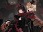  2girls ascot black_ascot black_hair blonde_hair cape commentary_request dress flower frilled_ascot frilled_dress frilled_sleeves frills gloves gothic_lolita guitar hair_flower hair_ornament hasumi_leia hat highres holding holding_guitar holding_instrument holding_microphone instrument jacket koishiro_mion lolita_fashion long_hair long_sleeves mahou_shoujo_no_majo_saiban microphone mini_hat mini_top_hat multiple_girls nikaido_hiro open_mouth red_cape red_eyes red_flower short_hair smile top_hat watermark yellow_eyes 