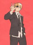  1boy arm_up black_jacket black_pants black_suit blood blood_on_face blood_on_hand chainsaw_man closed_mouth collared_shirt commentary_request denji_(chainsaw_man) eyepatch hand_in_pocket highres jacket lapels layered_sleeves long_sleeves looking_at_viewer male_focus mumumi notched_lapels one_eye_covered pants parted_bangs parted_hair red_eyes shirt short_hair solo suit suit_jacket three-finger_salute white_shirt wing_collar 