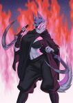  2026 absurd_res alanscampos anthro biped breasts canid canine canis claws clothed clothed_anthro clothed_female clothing crossgender death_(puss_in_boots) digital_drawing_(artwork) digital_media_(artwork) dreamworks female fingers front_view fur hi_res holding_object looking_at_viewer mammal mtf_crossgender navel puss_in_boots_(franchise) sickle smile solo standing teeth tongue wolf 