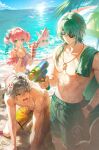 1girl 2boys abs absurdres alternate_costume anaxa_(honkai:_star_rail) anger_vein bare_shoulders barefoot beach beach_umbrella bikini bikini_skirt blue_eyes blue_flower blurry caelus_(honkai:_star_rail) chromatic_aberration closed_mouth commentary day depth_of_field detached_sleeves drawstring english_commentary eyepatch flower food fruit glint gradient_hair green_eyes green_hair green_male_swimwear grey_hair hair_between_eyes hair_flower hair_ornament hair_over_shoulder hand_in_pocket hands_up heart heart-shaped_eyewear highres holding holding_food holding_water_gun honkai:_star_rail honkai_(series) hyacine_(honkai:_star_rail) isobe47 jewelry kneeling lens_flare light_particles little_ica_(honkai:_star_rail) long_hair looking_at_another low-tied_long_hair male_swimwear mountainous_horizon multicolored_eyes multicolored_hair multiple_boys navel necklace ocean open_mouth outdoors palm_leaf parfait pink_bikini pink_hair red_eyes sand_castle sand_sculpture seashell shell short_hair short_twintails simple_bird standing strawberry sunglasses swim_trunks swimsuit teeth toned toned_male topless_male towel towel_on_one_shoulder trailblazer_(honkai:_star_rail) twintails two-tone_eyes umbrella water water_gun wet white_flower wristband yellow_eyes yellow_male_swimwear 