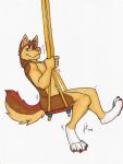  2018 anthro blue_eyes brown_body brown_fur brown_tail canid canine canis closed_smile dated domestic_dog fur german_shepherd herding_dog hi_res hufnaar leg_markings looking_at_viewer male male_anthro mammal markings mouth_closed nude pastoral_dog pink_nose red_tail side_view simple_background sitting smile socks_(marking) solo swing tail white_background yellow_body yellow_fur yellow_tail 